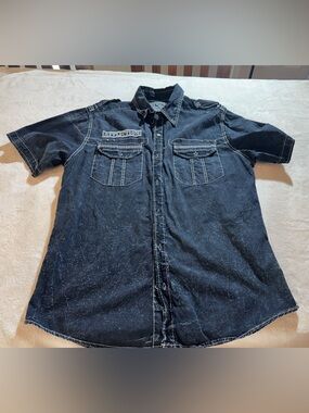 Affliction Black Distressed Button-Down Shirt with Contrast Stitching